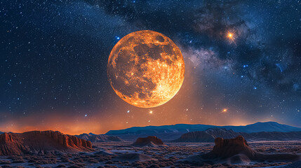 Wall Mural - a large orange moon is in the sky above a desert landscape. the moon is surrounded by stars and the 