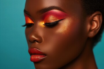 Poster - Fashionable beauty portrait. Glamourous woman, female face model. Young with makeup, bright lips. Attractive eye art, pretty lady style. Closeup of black hair, colorful cosmetics.