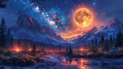 Wall Mural - a large orange moon is in the sky above a desert landscape. the moon is surrounded by stars and the 