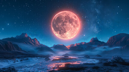 Wall Mural - a large orange moon is in the sky above a desert landscape. the moon is surrounded by stars and the 