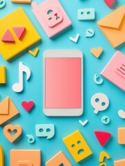 Poster - A smartphone with a blank screen rests on a blue background surrounded by colorful icons representing popular social media trends and hashtags. Generative AI