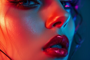 Poster - Beauty woman portrait. Fashion face with glamour makeup. Young skin model, bright eye. Red lips, attractive style. Black art lipstick. Studio closeup, colorful background. Glossy