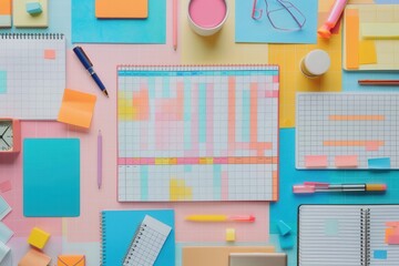 Poster - A flat lay image showcasing a vibrant desk workspace with colorful notebooks, pens, and sticky notes. Generative AI