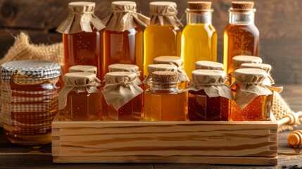 Wall Mural - A collection of honey jars are neatly arranged in a wooden crate