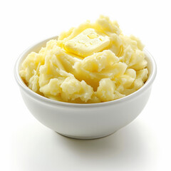 A bowl of mashed potatoes with a pat of melting butter, isolated on white background