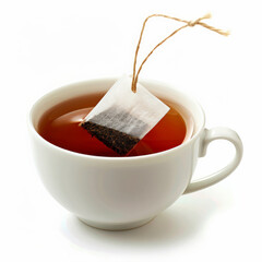 Wall Mural - A cup of black tea with a tea bag string hanging over the edge, isolated on white background