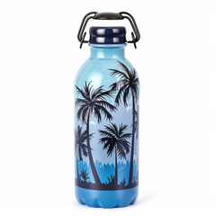 Wall Mural - A tropical-themed water bottle with palm trees, isolated on white background