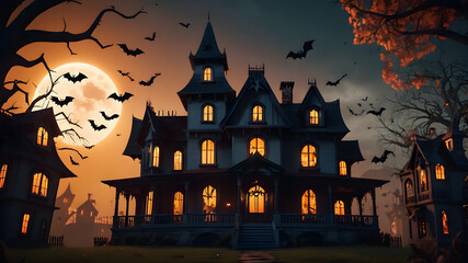 a cartoon haunted house with spooky windows and bats.