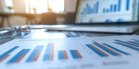 Poster - A laptop is on a table with a stack of papers and a pair of glasses. The papers are filled with graphs and numbers, and the laptop screen is displaying the same information