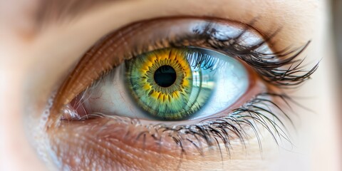 Wall Mural - A woman's eye is shown in a close up. The eye is green and has a yellow iris. The eye is surrounded by lashes and the eyelashes are long