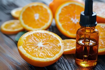 Wall Mural - bottle of orange oil surrounded by orange slices on a table