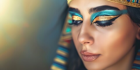 Wall Mural - woman with blue and gold makeup and a headdress on her head and a gold crown