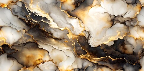Wall Mural - A close-up view of an abstract painting featuring a swirling pattern of black and white ink, with golden veins running throughout