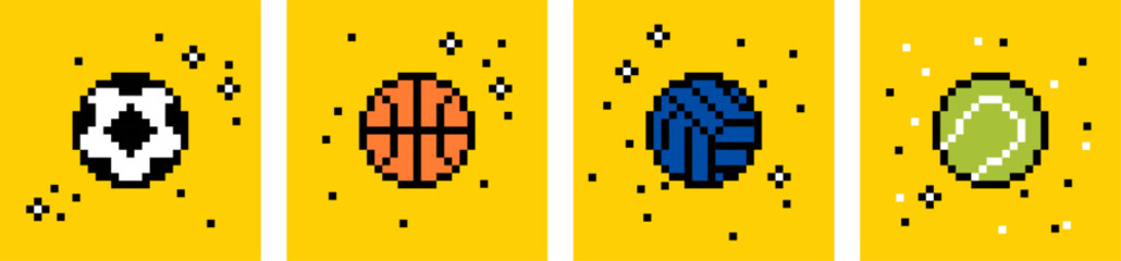 Play balls pixel art collection. Soccer football, basketball, volleyball, tennis ball icon set. Y2k trendy playful pixelated stickers. Mood of 90's aesthetics. 8-bit retro style vector illustration