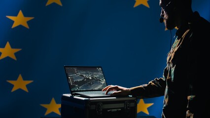 Poster - european union alliance air defense early warning systems operator evaluating incoming enemy aerial 