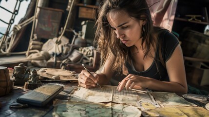 Poster - a young woman deciphers a code on an old pirate ship, surrounded by artifacts, maps, and jewels, foc