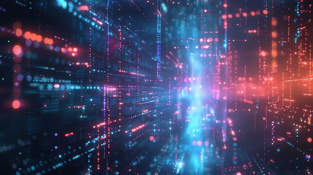 Abstract digital matrix background with glowing particles, lines, and grid.  Concept of big data, technology, and cyberspace.