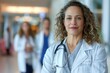 © furyon - confident female doctor in foreground with diverse medical team blurred behind modern hospital setting warm lighting empowering healthcare image