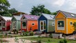 © Aeman - series of tiny homes in a community, each featuring colorful aluminum siding, focusing on sustainable living and modern aesthetics