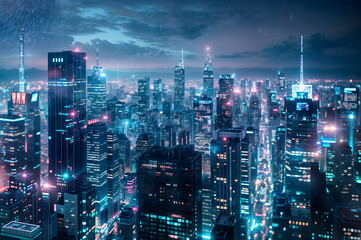 Night cityscape with skyscrapers and high-rise buildings. Concept of international business.