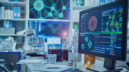 Poster - A scientist's workspace with notes, cellular images, and bioinformatics data showcases a research hub.