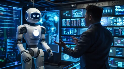 Wall Mural - A cybersecurity expert and AI robot discuss defense mechanisms in a dark-themed, high-tech exhibition room.