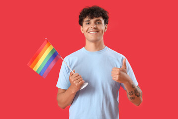 Sticker - Young man with LGBT flag showing thumb-up on red background