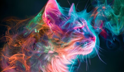 A close up of a cat with colorful smoke coming out from its head. AI.