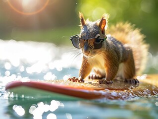 Funny squirrel in sunglasses on surfboard surfing in the ocean sea on a sunny day