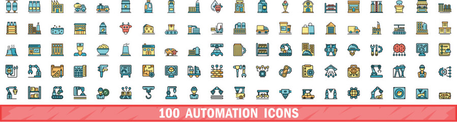 Poster - 100 automation icons set. color line set of automation vector icons thin line color flat on white