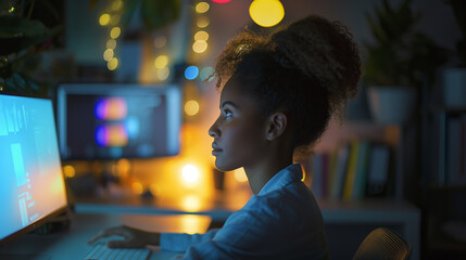 Leinwandbilder - Focused black female developer working late night on computer