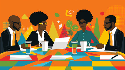 Poster - Business black people having meeting around table with laptop and documents