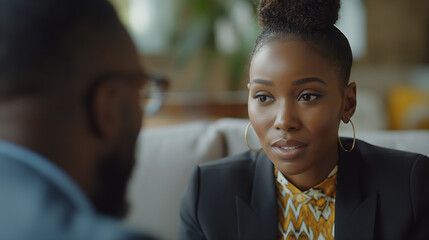 Poster - Young professional woman listening attentively to colleague during meeting