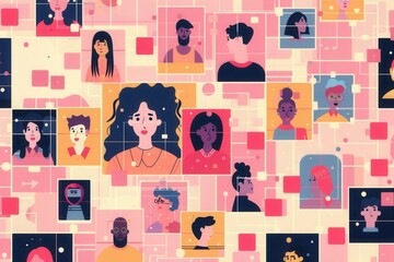 Leinwandbilder - A digitally illustrated scene depicting a grid of profiles representing influencers and their followers, showcasing the connected world of social media. Generative AI