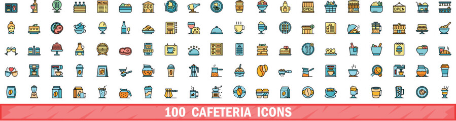 Poster - 100 cafeteria icons set. Color line set of cafeteria vector icons thin line color flat on white