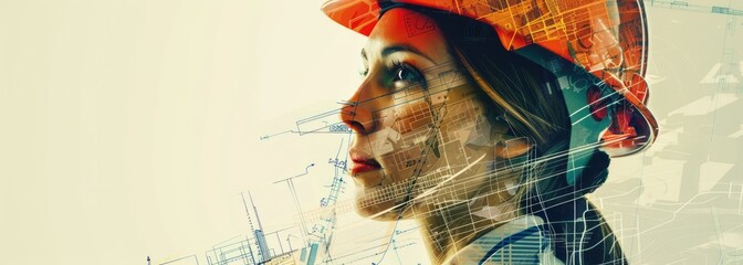 **Description of the image** A young female construction worker wearing a hard hat is looking at the camera. She is standing in front of a blue print.