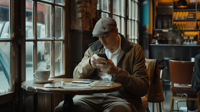 Man in Cap Uses Phone at a Cafe Table
