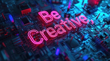 Wall Mural - Letter of be creative in variant texture with bright light neon color in futuristic design with 3D design surrounded with high tower or electrical machine and big city at night. Scifi concept. AIG42.