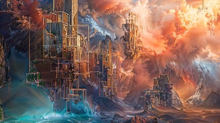 Wall Mural - Surreal landscape with floating city structures and vibrant clouds in a fantastical setting.