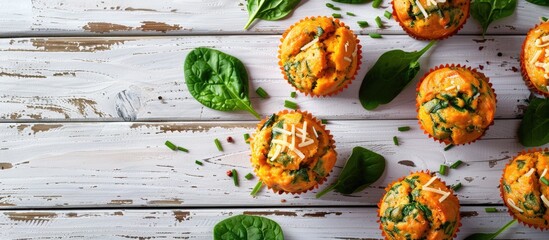 Wall Mural - Healthy muffins made with spinach, sweet potatoes, and cheese displayed on a rustic white wooden surface, creating a copy space image ideal for a healthy food concept with a top view.