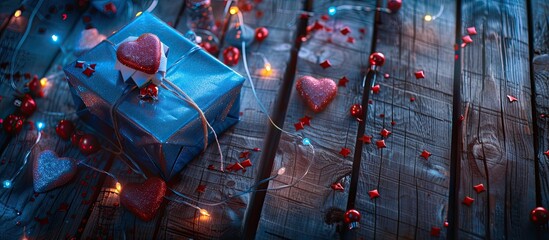 Wall Mural - A festive Valentine's Day-themed scene with a blue shiny gift box, heart decorations, a chain of blue lights on wood, creating a magical backdrop for a top-view copy space image.