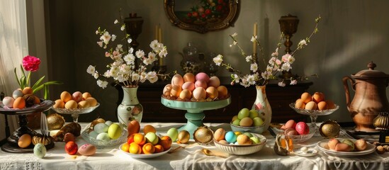 Wall Mural - Colorful Easter-themed table setting with various eggs on display, ideal as a spring religious festival backdrop or for any festive occasion involving eggs. Copy space image