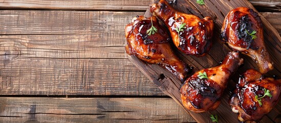 Wall Mural - Savory chicken coated with soy sauce presented on a wooden surface in a top-down perspective, providing a blank area for text in the image. Copy space image. Place for adding text and design