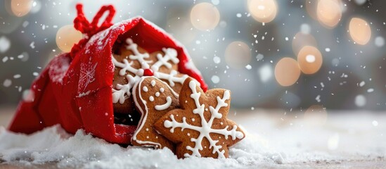 Sticker - Selective focus on Christmas gingerbread cookies inside a red bag on snowy background with copy space image available.