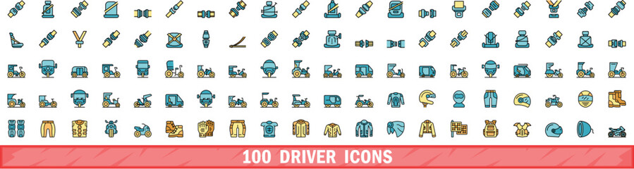 Poster - 100 driver icons set. color line set of driver vector icons thin line color flat on white