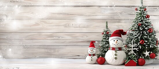Poster - concept of christmas greetings depicted with toy snowmen and christmas tree on a light wooden backgr