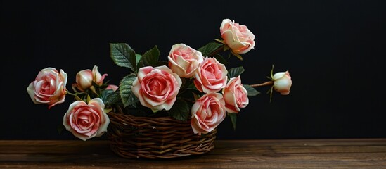 Wall Mural - A small basket on a wooden table holds a bouquet of delicate porcelain roses against a black backdrop, offering copy space image.