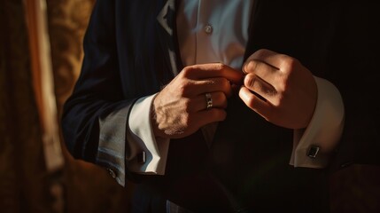 A man in a suit is getting ready to put on his cufflinks. Concept of formality and elegance, as the man is dressed in a suit and tie