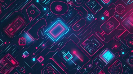 Poster - An abstract illustration showcasing interconnected network devices like routers, modems, and smart home gadgets, symbolized by data flow lines. Generative AI