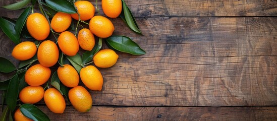 Wall Mural - Ripe kumquats with leaves displayed on a wooden table, providing ample copy space for an image.